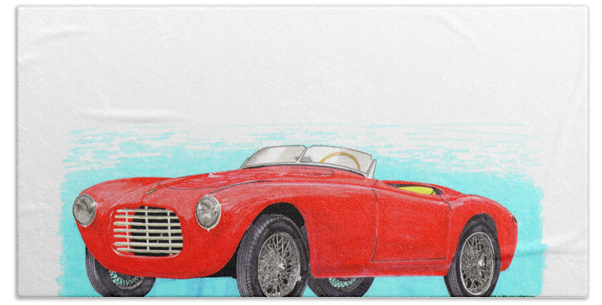 With Only 79 Ferrari 212 Barchettas Built Beach Towel featuring the painting 1951 Ferrari 212 Barchettas by Jack Pumphrey