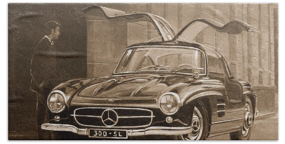 Acrylic Paintings Beach Towel featuring the painting 1954 Mercedes Benz 300 SL In Sepia by Sinisa Saratlic