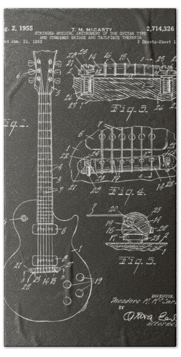 Guitar Beach Towel featuring the digital art 1955 McCarty Gibson Les Paul Guitar Patent Artwork - Gray by Nikki Marie Smith