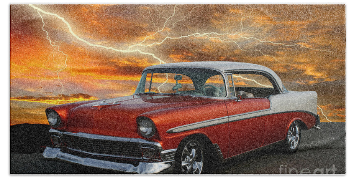 Cars Beach Towel featuring the photograph 1956 Chevy in Lightening Storm by Randy Harris