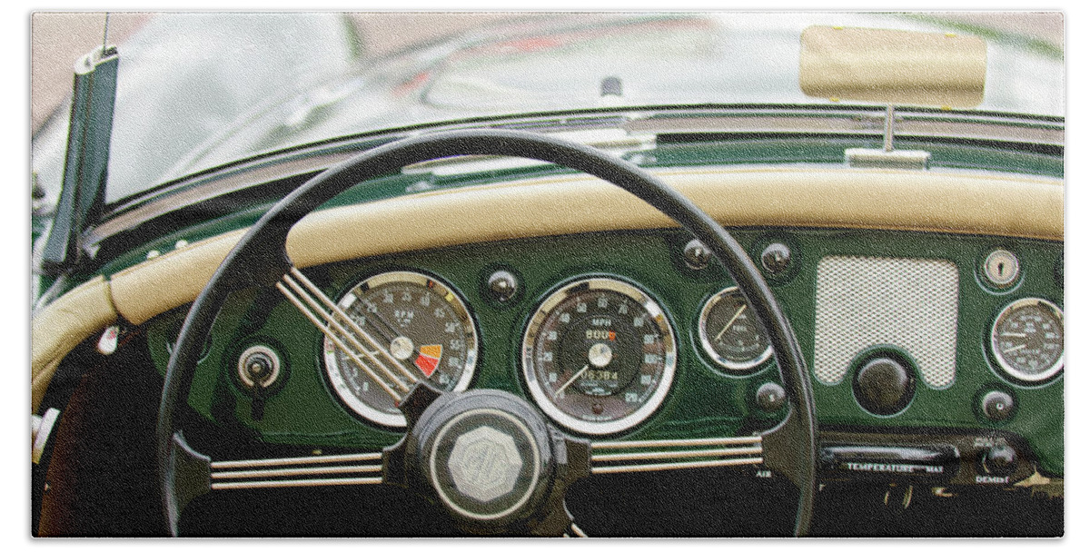 1959 Mg A 1600 Roadster Beach Towel featuring the photograph 1959 MG A 1600 Roadster Steering Wheel by Jill Reger