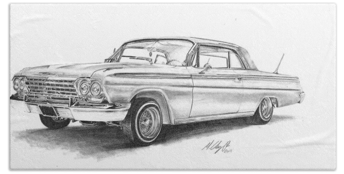 1962 Beach Towel featuring the drawing 1962 Chevrolet Impala Lowrider by Mi...
