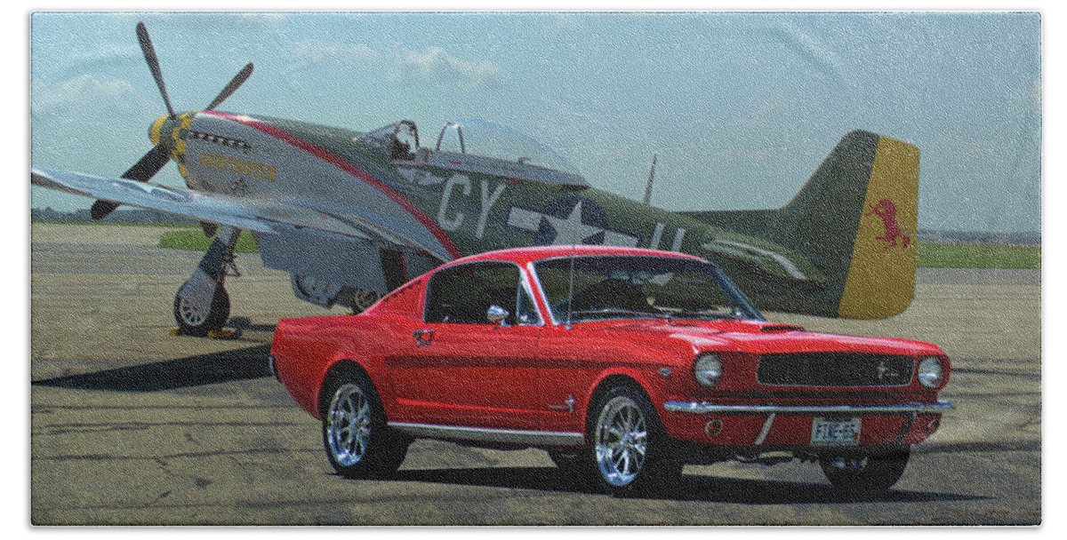 1965 Beach Towel featuring the photograph 1965 Mustang Fastback and P51 Mustang by Tim McCullough