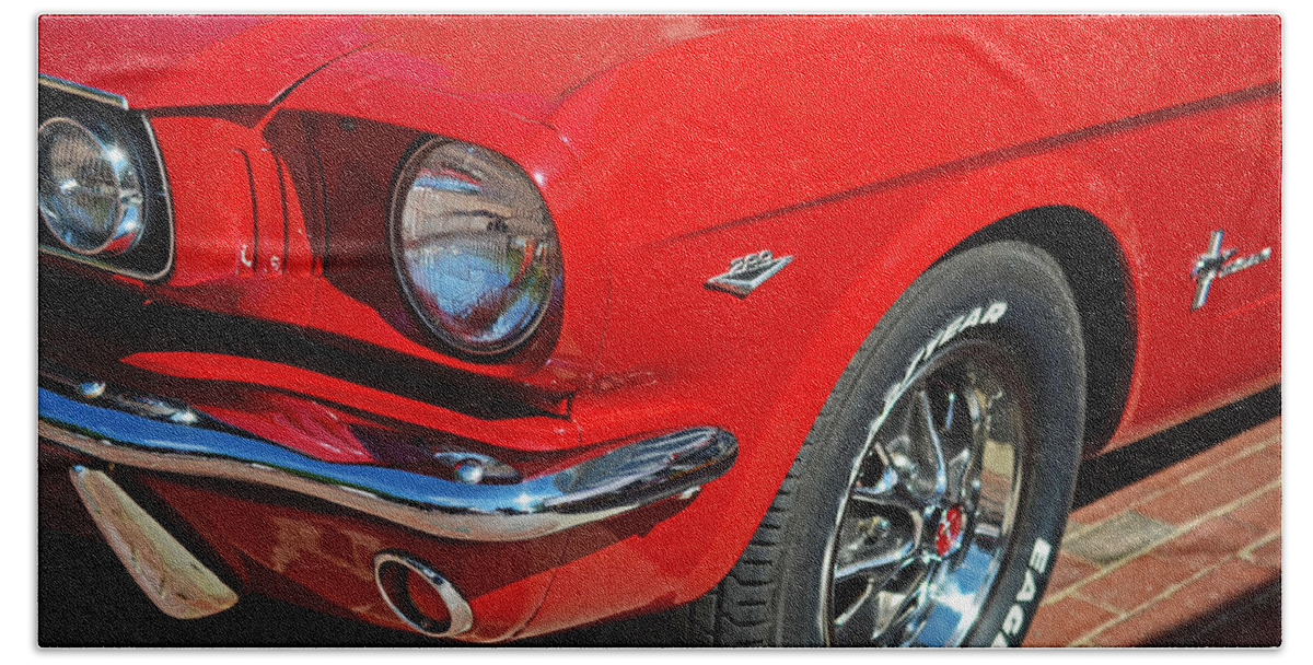 1965 Beach Towel featuring the photograph 1965 Red Ford Mustang Classic Car by Toby McGuire