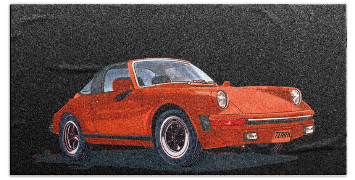 A Watercolor Portrait Of My Late Wife's Red 1968 Porsche 911 Targa Beach Towel featuring the painting Porsche 911 Targa Terific by Jack Pumphrey