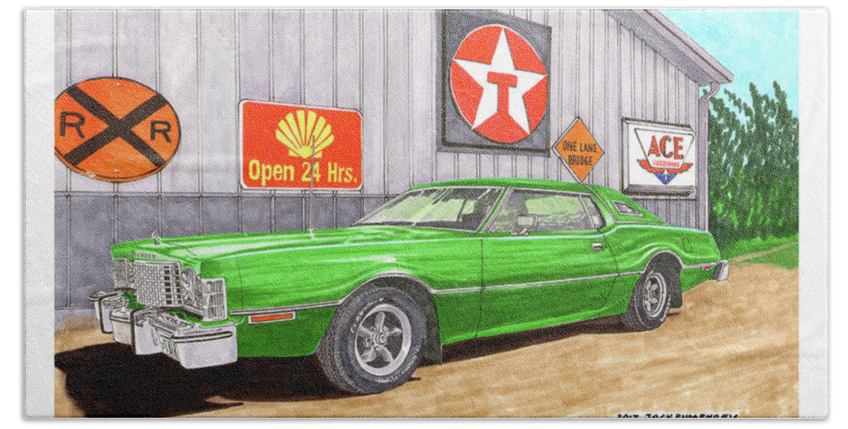 Watercolor Artwork Of The 1976 Ford Thunderbird Which Is A Rear Wheel Drive Automobile Which Was Manufactured By Ford In The United States Over Eleven Model Generations From 1955 Through 2005 Beach Sheet featuring the painting 1976 Ford Thunderbird by Jack Pumphrey