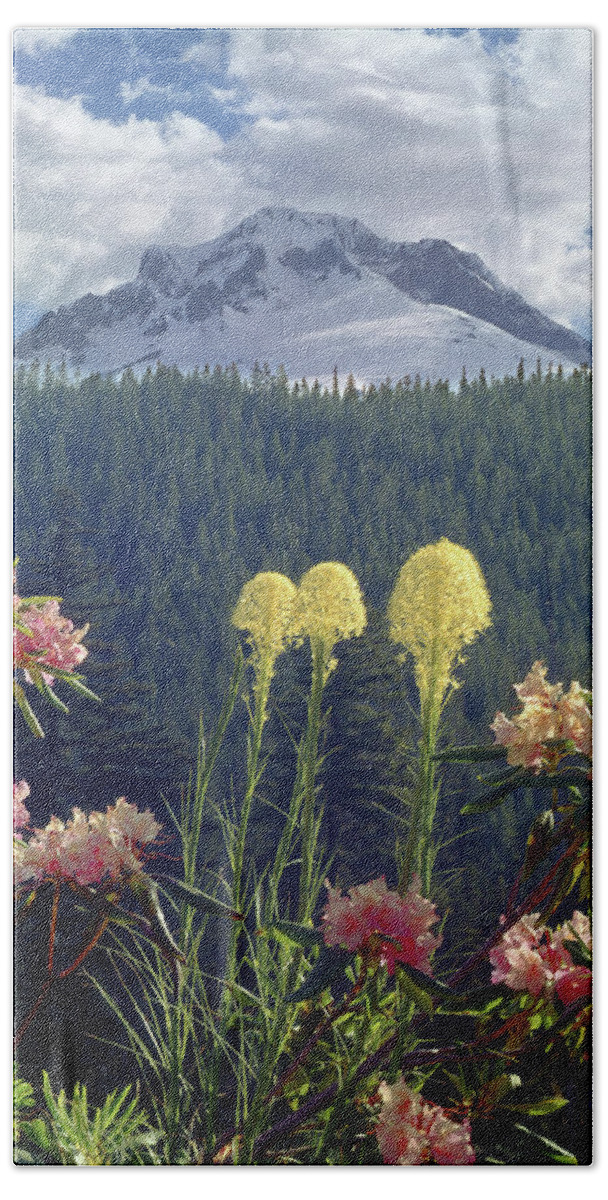 1m5101 Beach Sheet featuring the photograph 1M5101 Flowers and Mt. Hood by Ed Cooper Photography