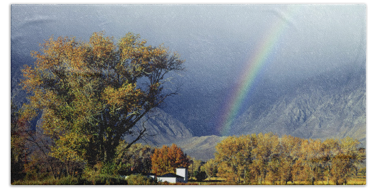 1m6345 Beach Sheet featuring the photograph 1M6345 Rainbow in Sierras by Ed Cooper Photography