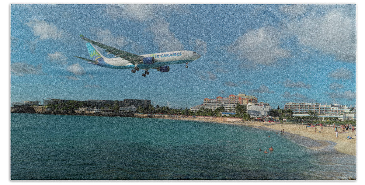 Airlines Beach Towel featuring the photograph Air Caraibes landing at St. Maarten #3 by David Gleeson