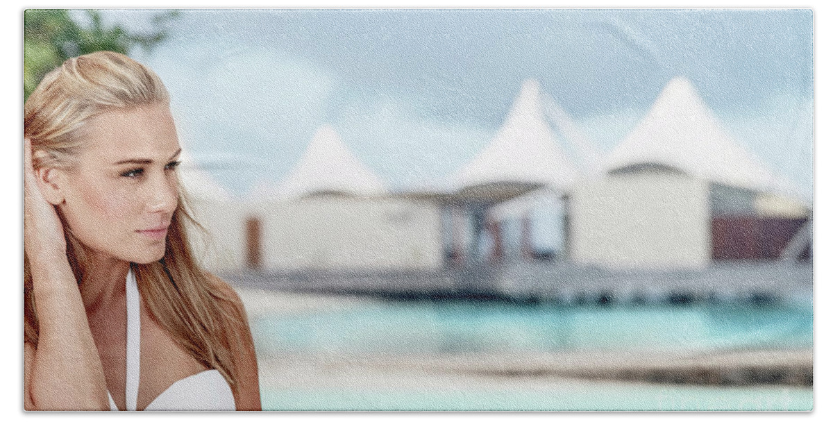 Beach Beach Sheet featuring the photograph Beautiful woman on the beach #2 by Anna Om