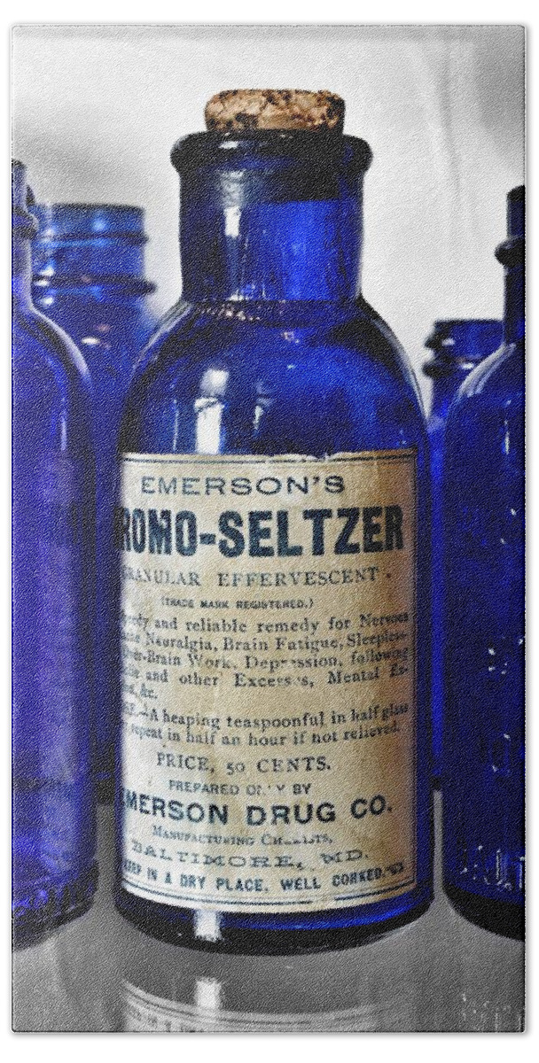 Bromo Seltzer Vintage Glass Bottles Beach Sheet featuring the photograph Bromo Seltzer Vintage Glass Bottles Collection #2 by Marianna Mills