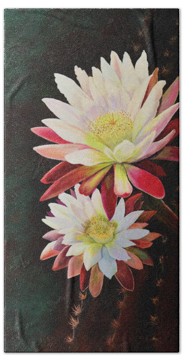 Night Blooming Cactus Beach Sheet featuring the painting Cereus Business #2 by Marilyn Smith