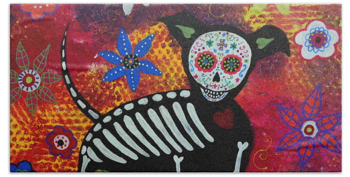 Chihuahua Beach Sheet featuring the painting Chihuahua Day Of The Dead #2 by Pristine Cartera Turkus