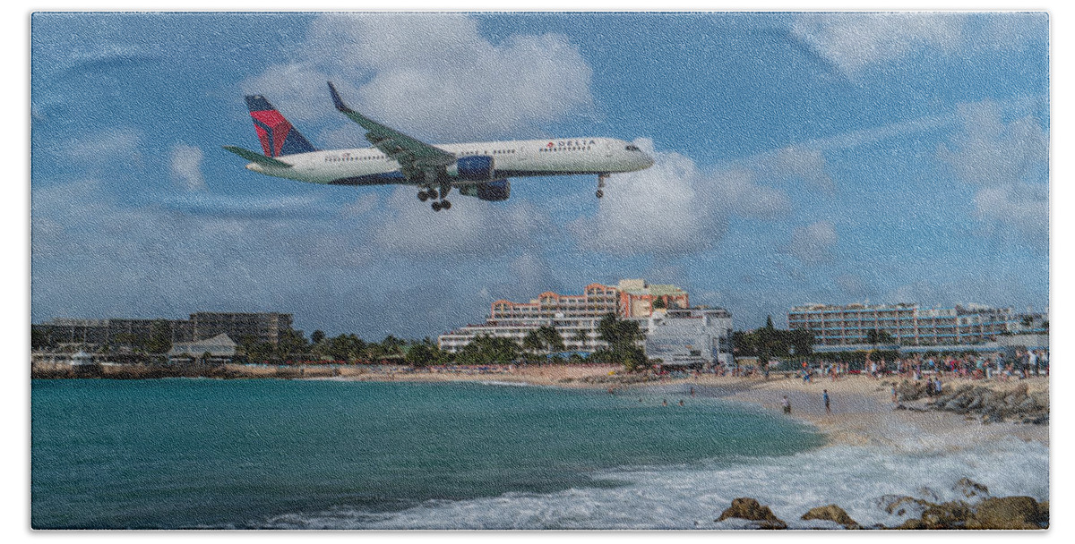 Delta Air Lines Beach Towel featuring the photograph Delta Air Lines landing at St. Maarten #2 by David Gleeson