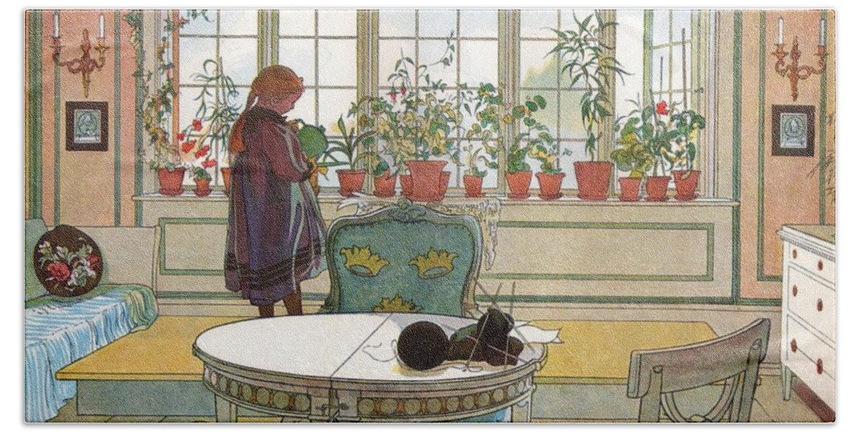 Carl Larsson Beach Towel featuring the painting Flowers on the Windowsill by MotionAge Designs