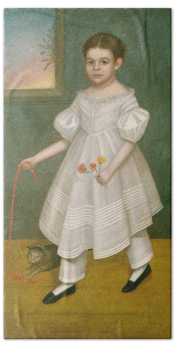 Joseph Goodhue Chandler Beach Towel featuring the painting Girl with Kitten #2 by Joseph Goodhue Chandler