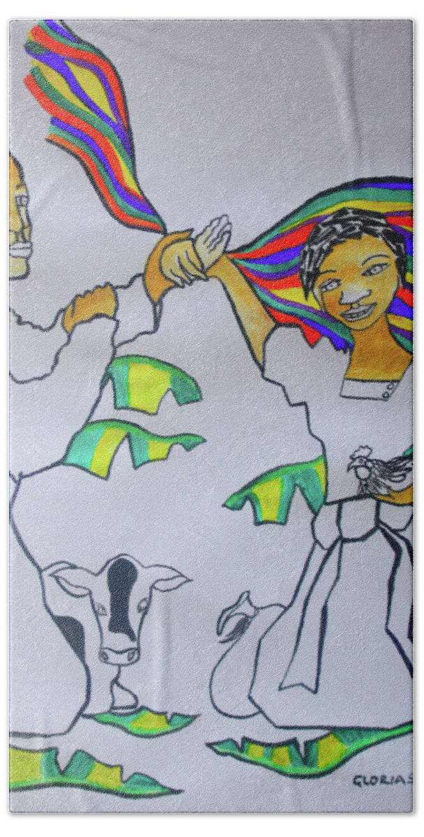 Jesus Beach Towel featuring the painting Kintu and Nambi a Ugandan Folktale #2 by Gloria Ssali