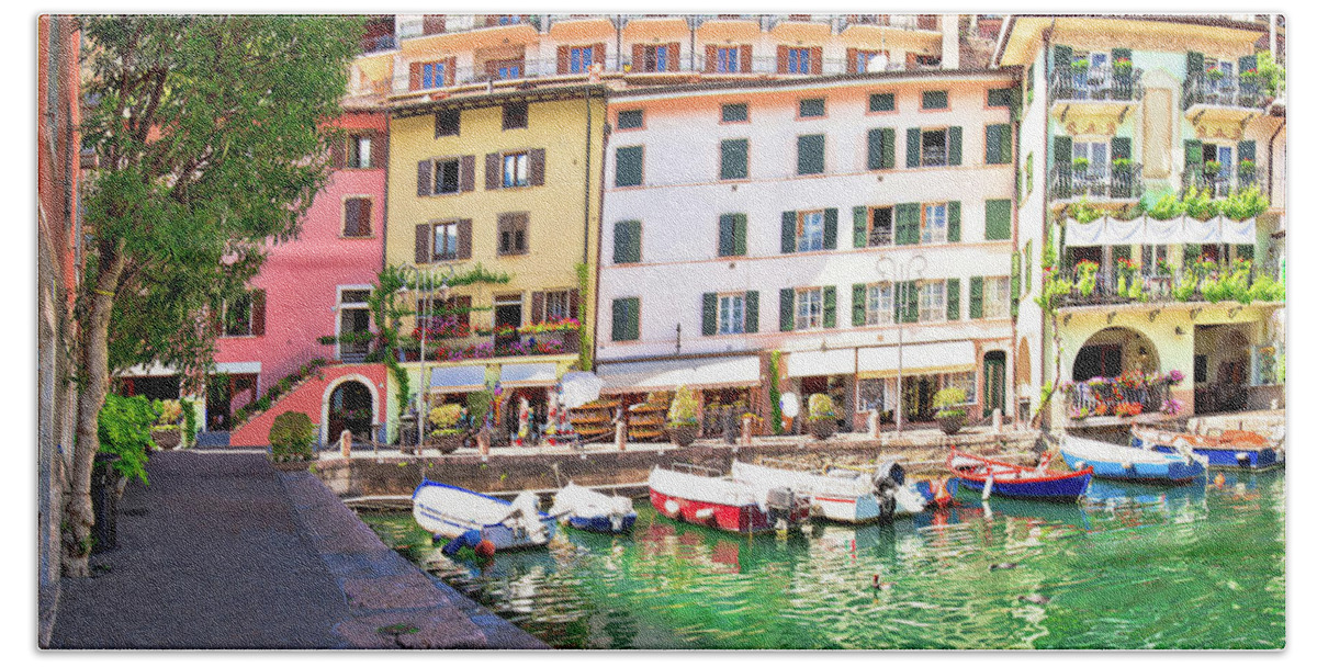 Limone Beach Towel featuring the photograph Limone sul Garda turquoise harbor panoramic view #2 by Brch Photography