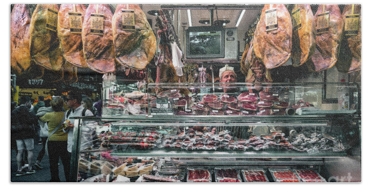 Barcelona Beach Towel featuring the photograph Meat And Sausage Shop In La Boqueria Market Barcelona Spain #2 by JM Travel Photography