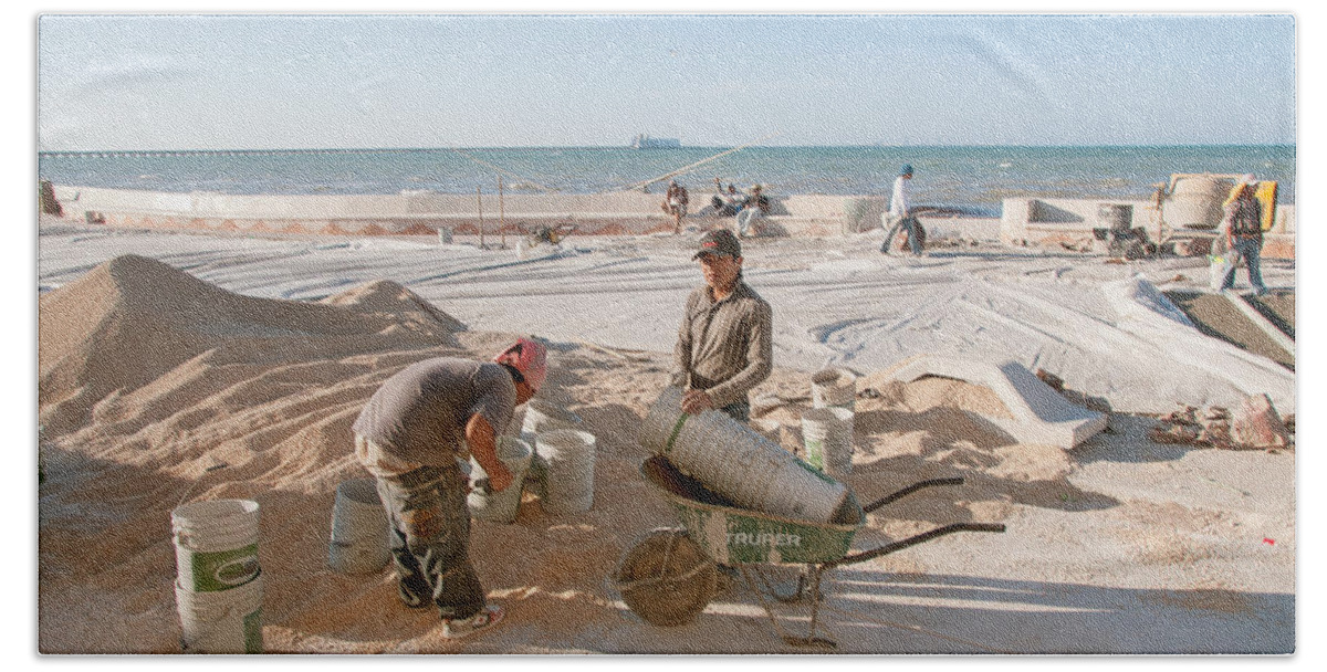 Mexico Yucatan Beach Towel featuring the digital art Men at Work in Progresso #2 by Carol Ailles