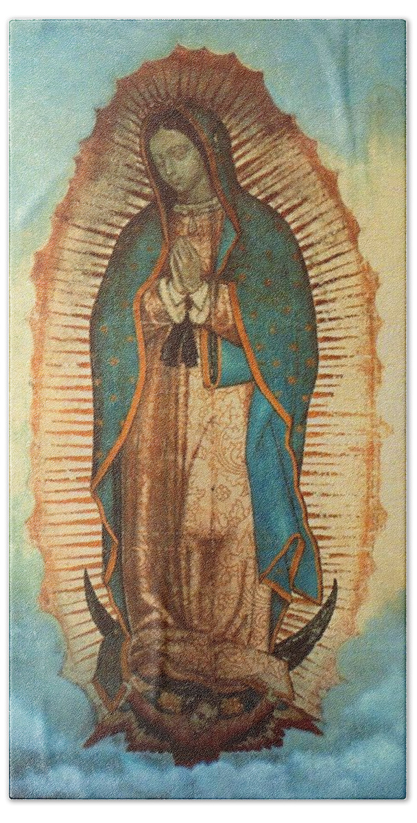 Guadalope Beach Towel featuring the painting Our Lady Of Guadalupe #3 by Pam Neilands