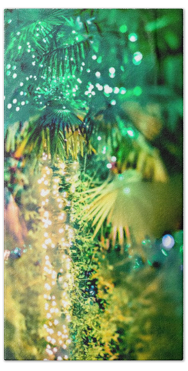 Background Beach Towel featuring the photograph Palm Trees Decorated With Christmas Lights In Gardens #2 by Alex Grichenko