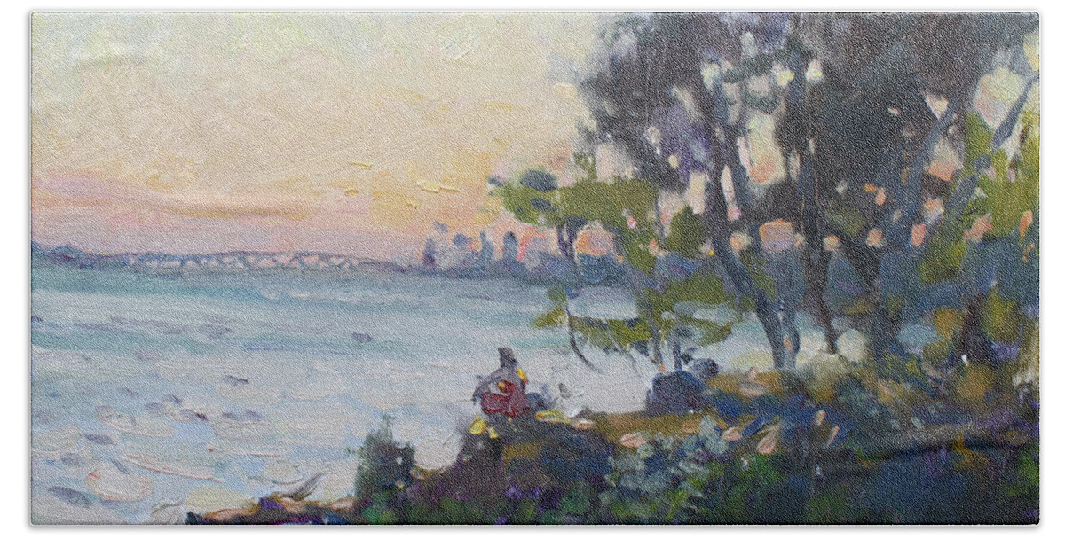 Sunset Beach Towel featuring the painting Sunset on Niagara River #2 by Ylli Haruni