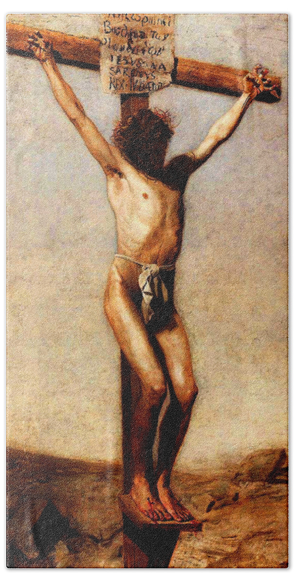 Thomas Eakins Beach Towel featuring the painting The Crucifixion by Troy Caperton