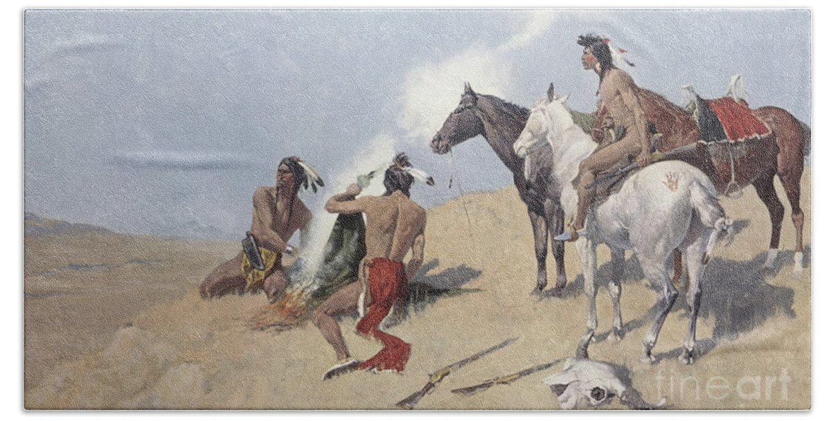 The Smoke Signal Beach Towel featuring the painting The Smoke Signal by Frederic Remington