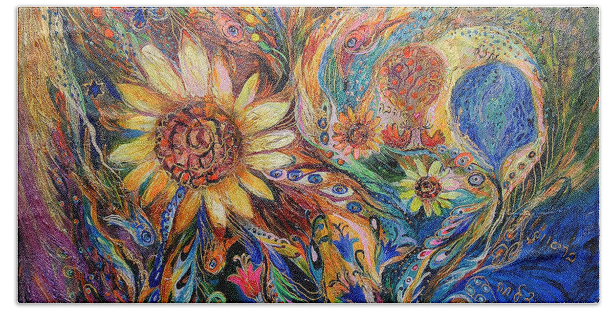 Original Beach Towel featuring the painting The Sunflower #2 by Elena Kotliarker