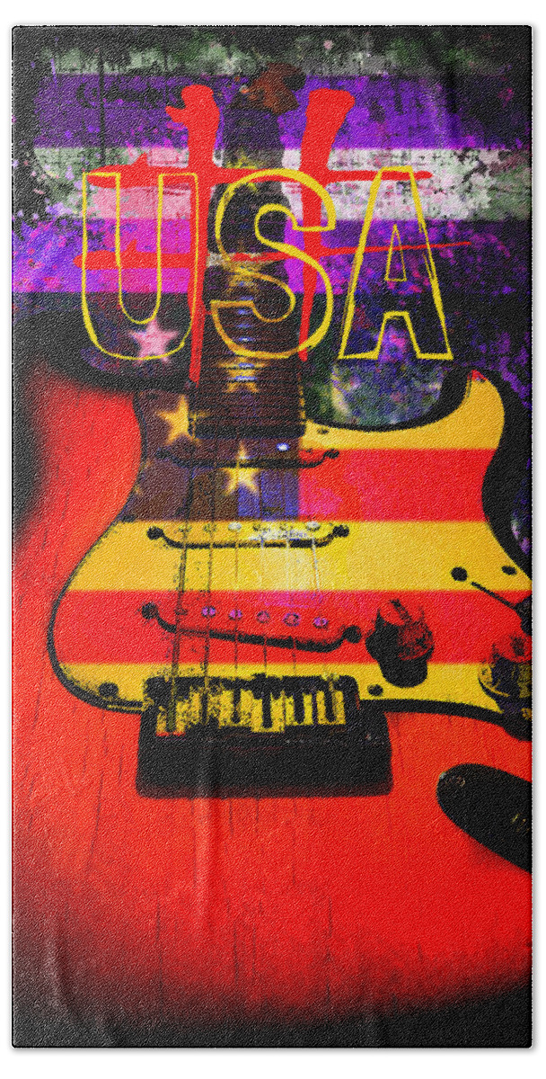 Guitar Beach Towel featuring the photograph Red USA Flag Guitar by Guitarwacky Fine Art