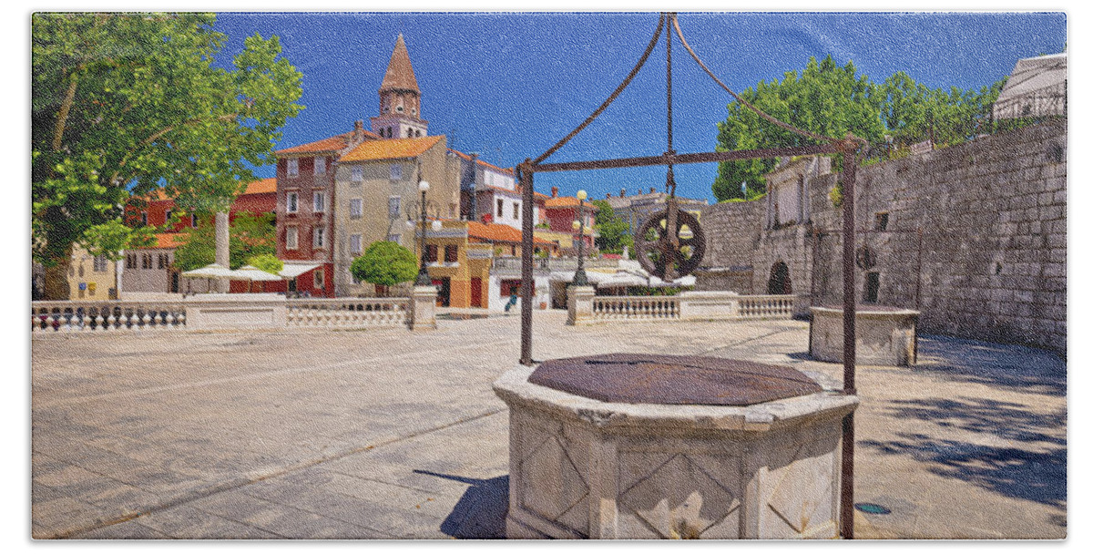 Zadar Beach Towel featuring the photograph Zadar Five wells square and historic architecture view #2 by Brch Photography