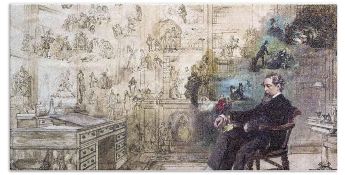 1870s Beach Towel featuring the painting CHARLES DICKENS - Dickens' Dream by Robert William Buss