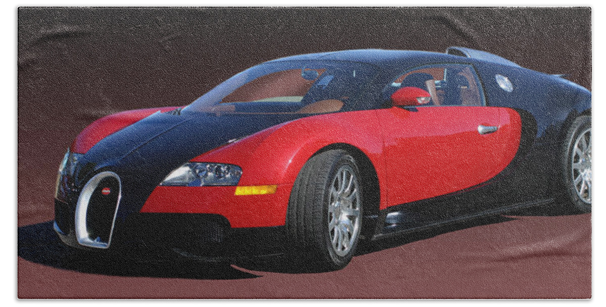 2010 Bugatti Veyron Photographed At The 2010 Santa Fe Concorso By Jack Pumphrey Beach Towel featuring the photograph 2010 Bugatti Veyron E. B. Sixteen by Jack Pumphrey