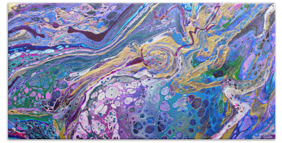 Original Artwork The Feeling Of Flowing Water And Reflections Blue Dominates Multiple Shades Of Purple With White And Green Beach Sheet featuring the painting #214 #214 by Priscilla Batzell Expressionist Art Studio Gallery