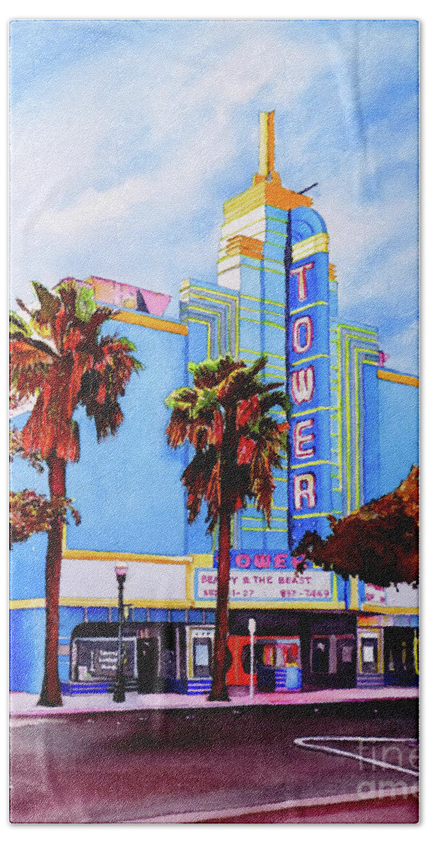 Roseville Ca Beach Towel featuring the painting #215 Tower Theater #215 by William Lum