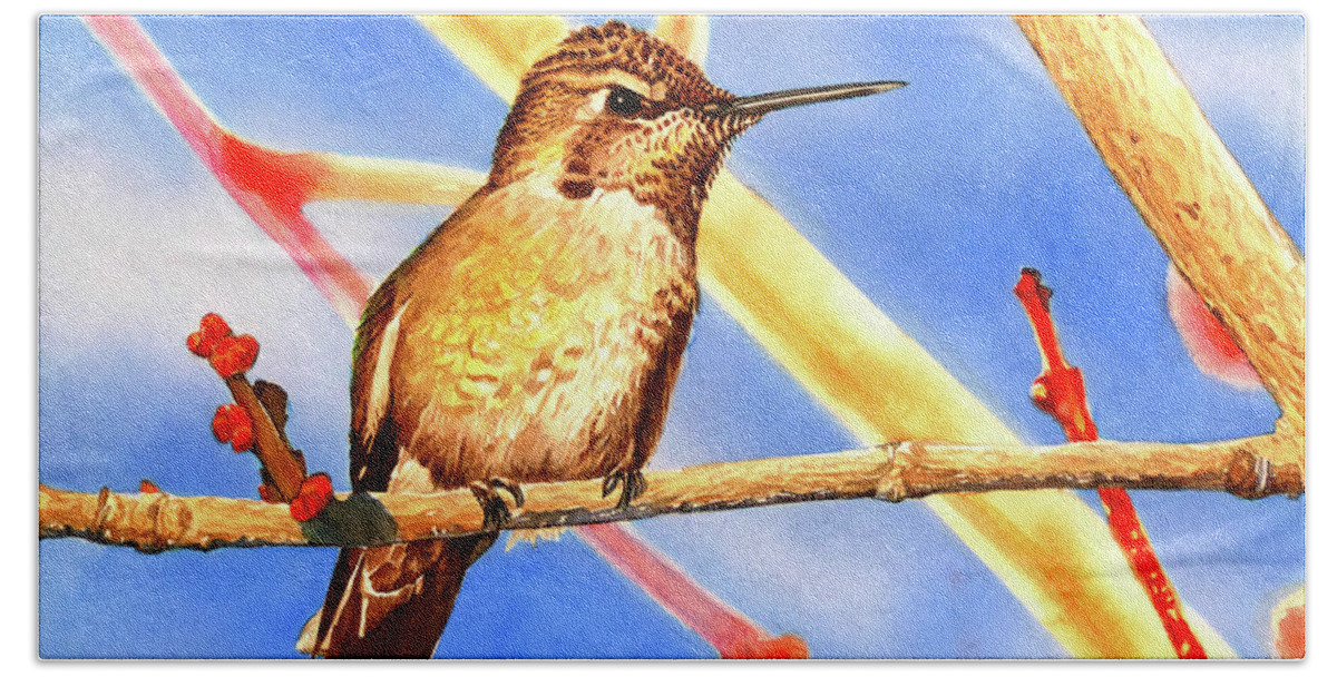 Humming Bird Beach Towel featuring the painting #235 Hummingbird #235 by William Lum