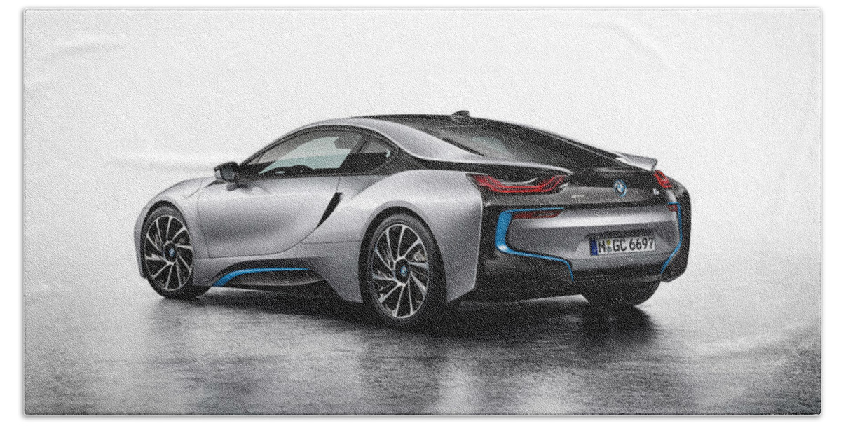Bmw I8 Beach Towel featuring the photograph BMW i8 #3 by Jackie Russo
