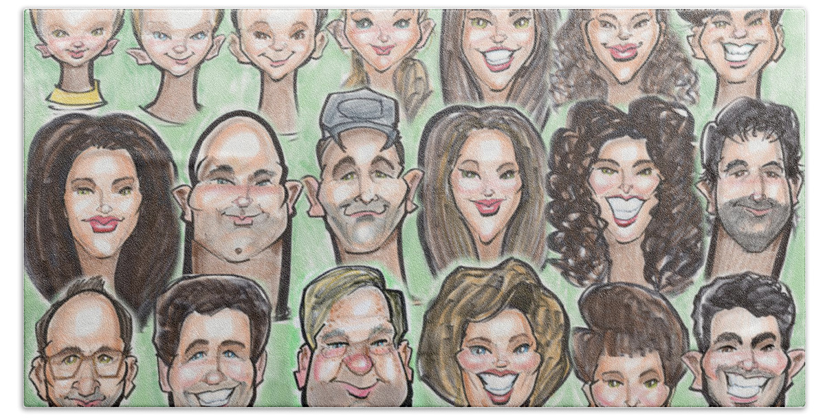 Group Image Made From Caricatures Drawn Live At Event. Beach Sheet featuring the digital art Group Caricature #4 by Kevin Middleton
