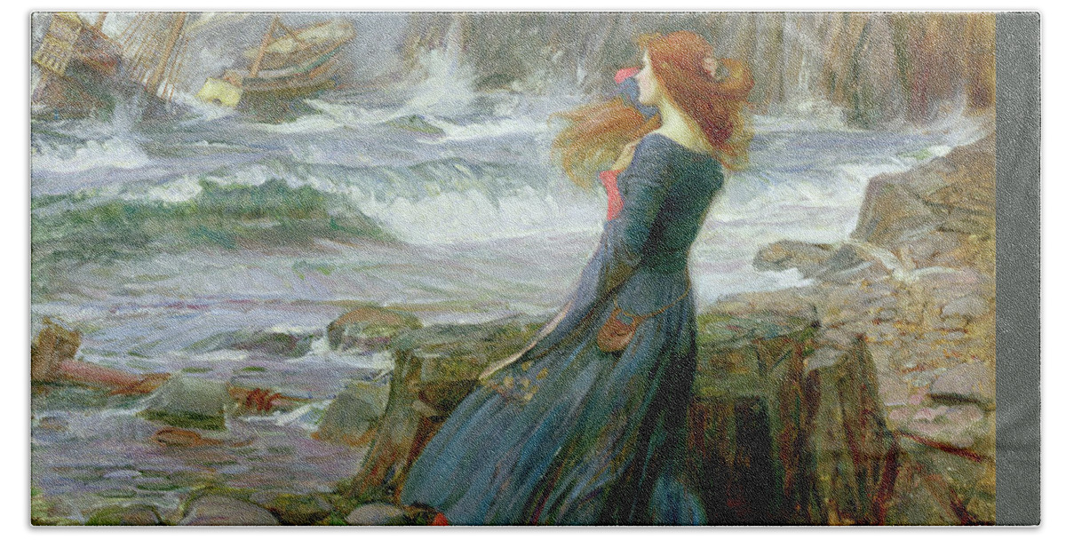 John William Waterhouse Beach Towel featuring the painting Miranda #5 by John William Waterhouse