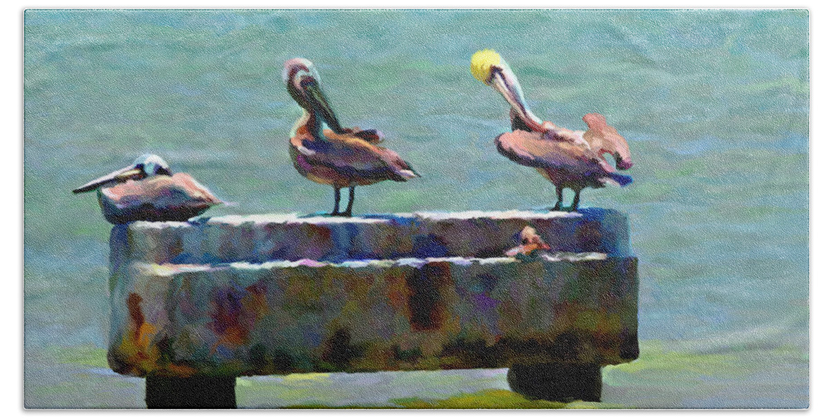 Pelicans Beach Towel featuring the painting 3 Pelicans by David Van Hulst