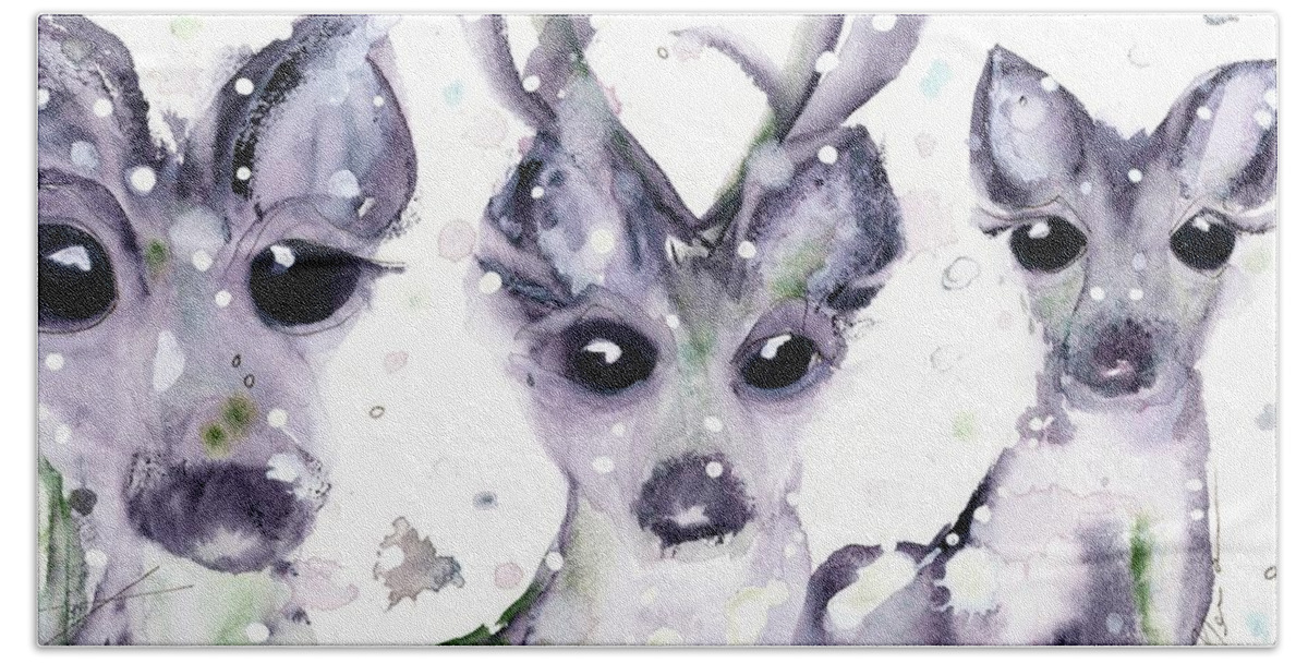 Deer Beach Sheet featuring the painting 3 Snowy Deer by Dawn Derman
