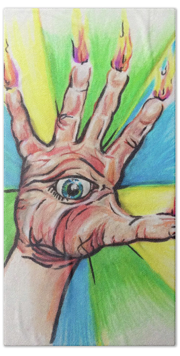 Palm Eye Eyeball Fire Fingers Flame Tips Hand All Seeing Illuminate Illuminati Joints Human Anatomy Fortune Telling Colored Pencil Pencils Beach Sheet featuring the painting Untitled #3 by Lori Teich
