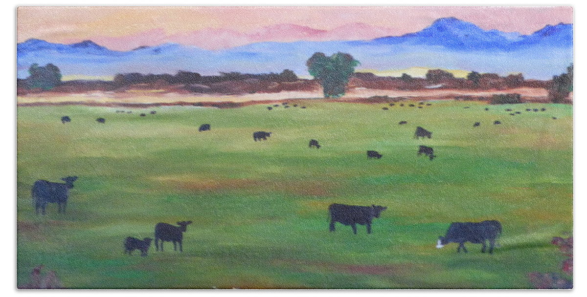 Cows In Pasture Beach Towel featuring the painting #30 Waking Up #30 by Cheryl Nancy Ann Gordon