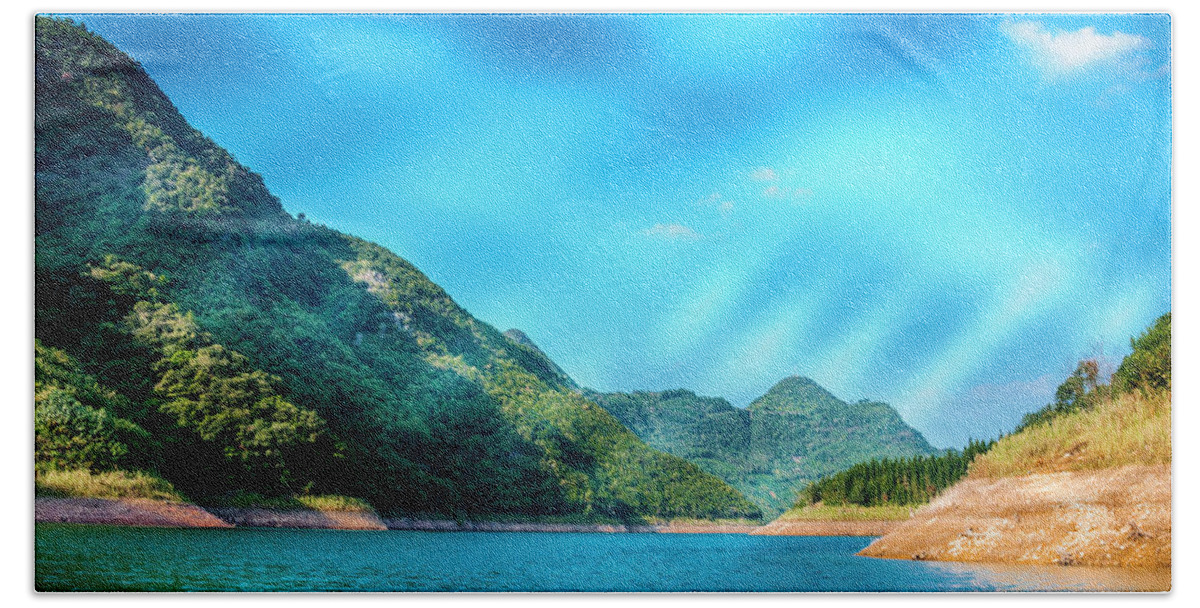 Mountain Beach Towel featuring the photograph The mountains and reservoir scenery with blue sky #31 by Carl Ning