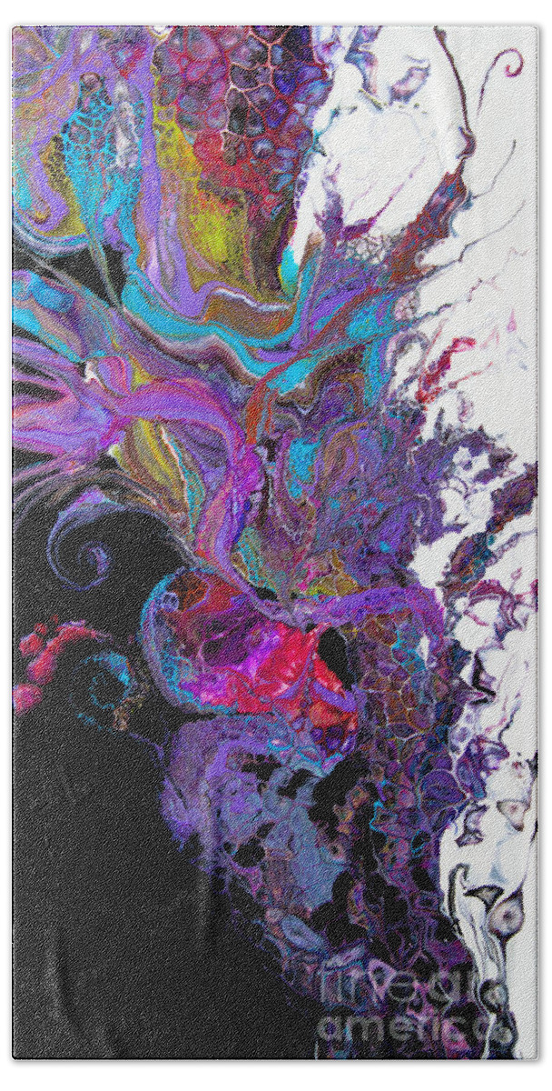 Colorful Airy Graceful Compelling Vibrant Abstract Organic Feeling Black White Purple Blue Spirals Beach Sheet featuring the painting #3118 Flaura #3118 by Priscilla Batzell Expressionist Art Studio Gallery