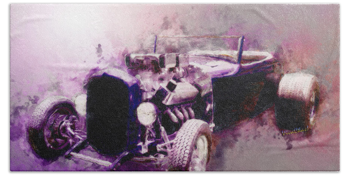 32 Beach Towel featuring the mixed media 32 Ford Low Boy Roadster Watercoloured Sketch by Chas Sinklier