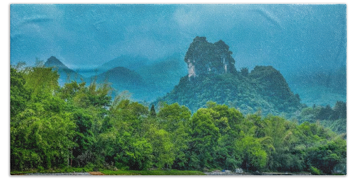 Scenery Beach Towel featuring the photograph Karst mountains and Lijiang River scenery #32 by Carl Ning