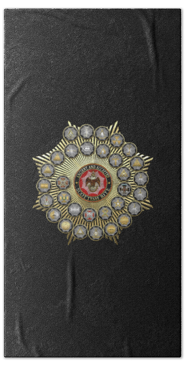 'scottish Rite' Collection By Serge Averbukh Beach Towel featuring the digital art 33 Scottish Rite Degrees on Black Leather by Serge Averbukh