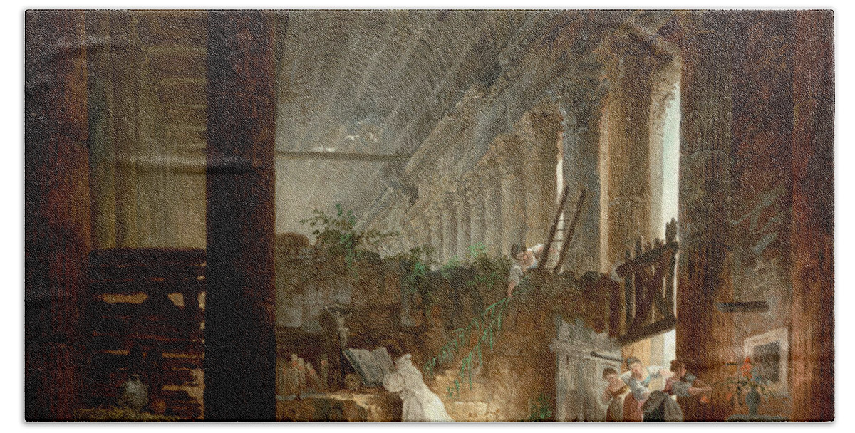 Hubert Robert Beach Towel featuring the painting A Hermit Praying in the Ruins of a Roman Temple by Hubert Robert